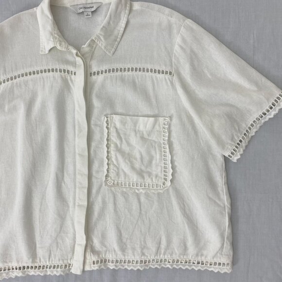 Calligraphie Linen Blend Boxy Button Down Shirt Size Large White Beachy - Picture 8 of 12